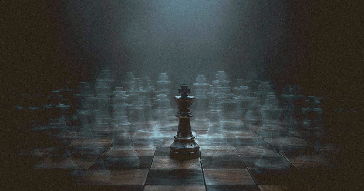 A chess king surrounded by overlapping ghostly duplicate pieces in different positions, representing the paralysis of overthinking every possible move.