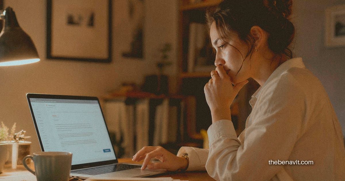 A person with their hand frozen over a keyboard, unable to complete a finished task, illustrating the quiet paralysis of self-sabotage.