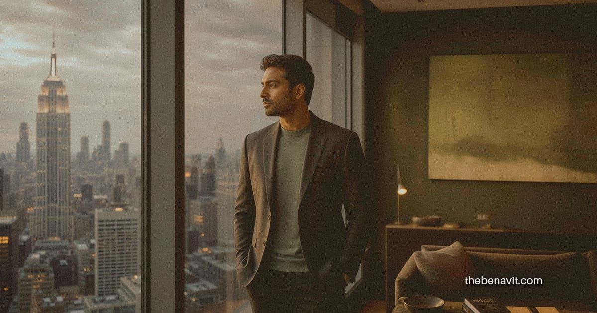 A well-dressed person standing in a modern apartment looking out at the city with an expression of quiet dissatisfaction, illustrating the emptiness of lifestyle inflation.