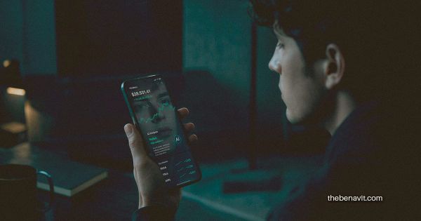 A person looking at an AI financial interface on their phone, their reflection visible in the screen, with a detached expression.