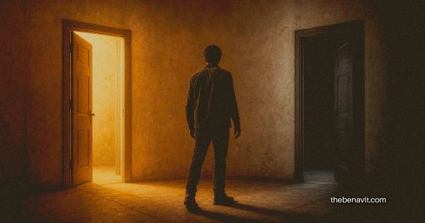 A person frozen between two choices in a dramatically lit room, conveying the paralysis of anxious decision making.