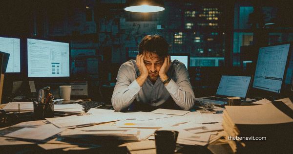 A person surrounded by work at a cluttered desk late at night, looking exhausted but stuck, illustrating the trap of busyness without progress.