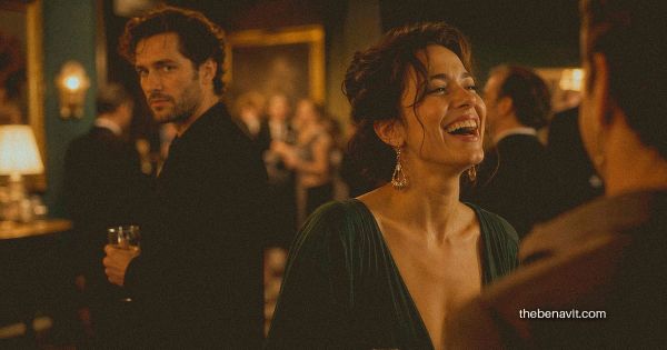 A person standing apart at a social gathering, watching someone else with a quiet and complex expression.