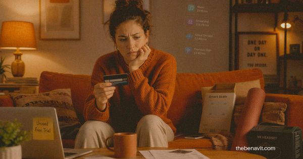 A person looking at their credit card and laptop with a conflicted expression, representing the discomfort of a financial decision.