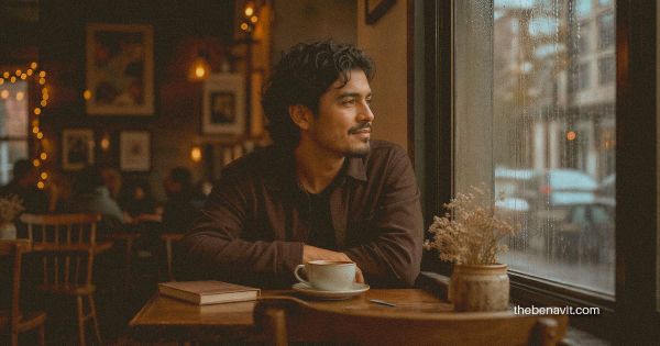 A person sitting alone at a café table by a rainy window, looking calm and at peace, illustrating the quiet contentment of solitude.
