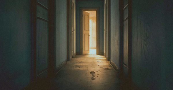 A single open door at the end of a dim hallway with light spilling through, surrounded by closed doors, representing the moment before choosing to move forward.