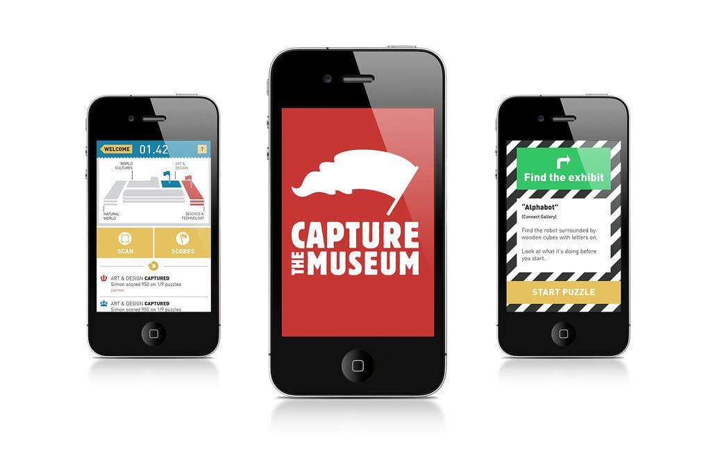 Three iphone screens showing different images from the game.