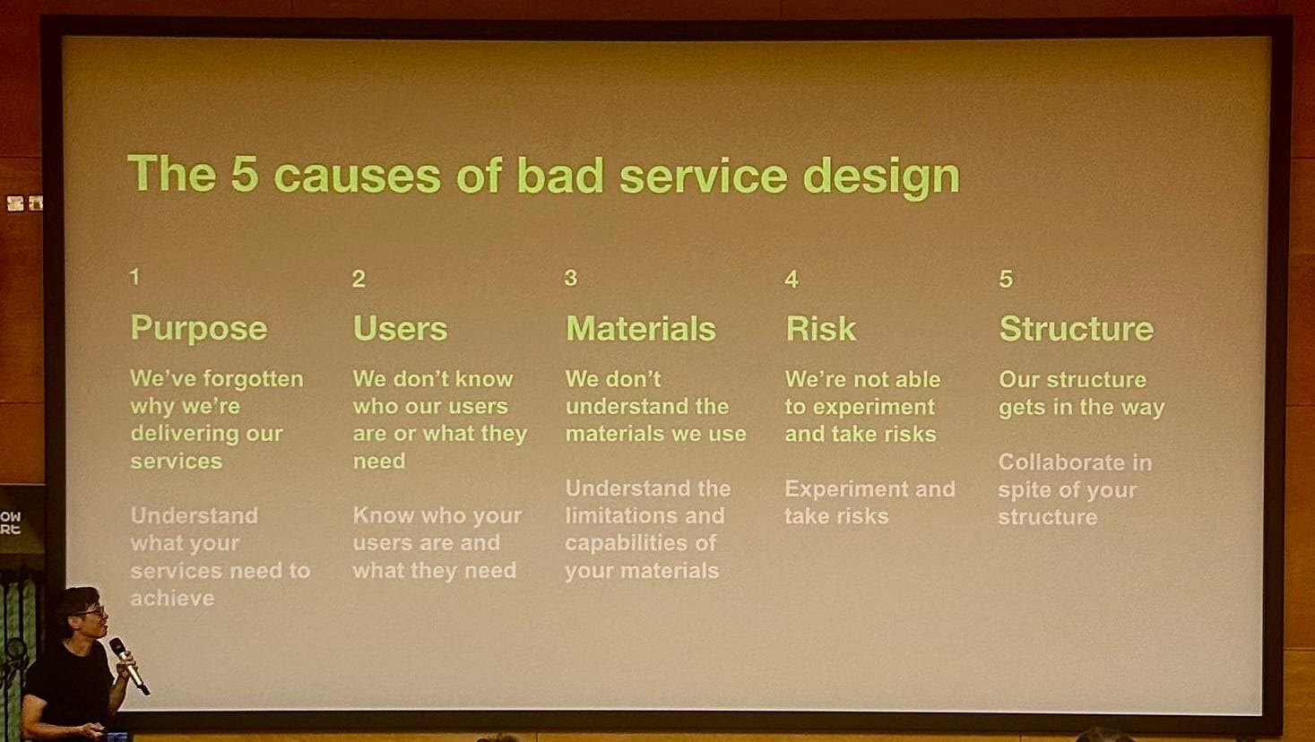 A screen with the five causes of bad service design on it: 1. We've forgotten why we're delivering our services, 2. We don't know wko our users are or what they need, 3. We don't understand the materials we use, 4. We're not able to experiment and take risks, 5. Our structure gets in the way