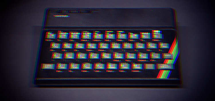 Photo of a 48k ZX Spectrum, with blurring/glitching effects added.