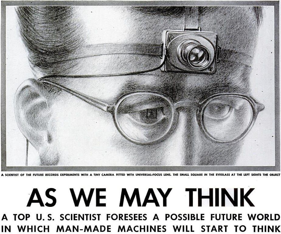 Image from the original Atlantic publication to accompany Vannevar Bush's 'As We May Think' article, showing a scientist with a camera strapped to their head.