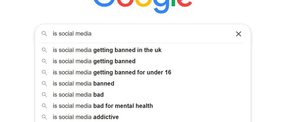A screen shot from the Google search engine, the query starts with "is social media" and there is a list of suggested search terms Google has auto-generated, including "is social media getti