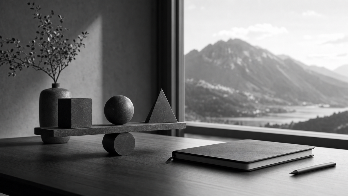 Black-and-white still life of balanced geometric objects on a desk beside a notebook, with mountains visible through a window.