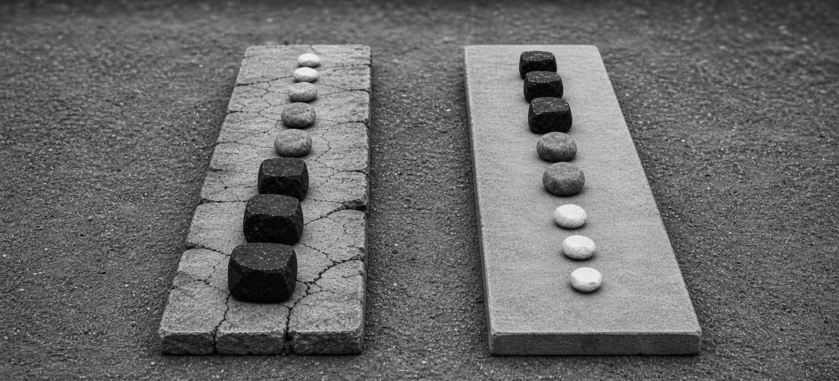 Black-and-white image of two parallel stone paths with the same stones in different orders; the heavy-stone-first path is cracked while the lighter-stone-first path remains smooth.