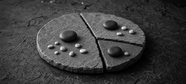 Black-and-white still life of a rough circular stone mosaic divided into unequal natural slices, with each slice carrying a similar dark stone for risk.