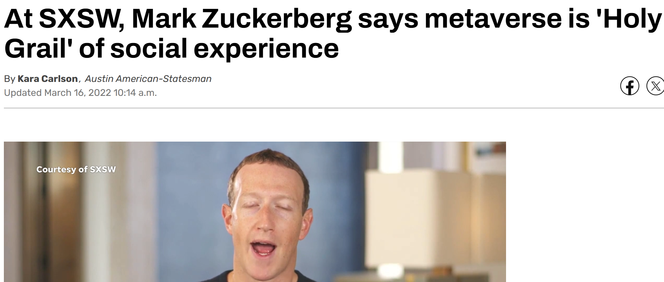Austin-American Statesman headline from 2022: "At SXSW, Mark Zuckerberg says metaverse is 'Holy Grail' of social experience"