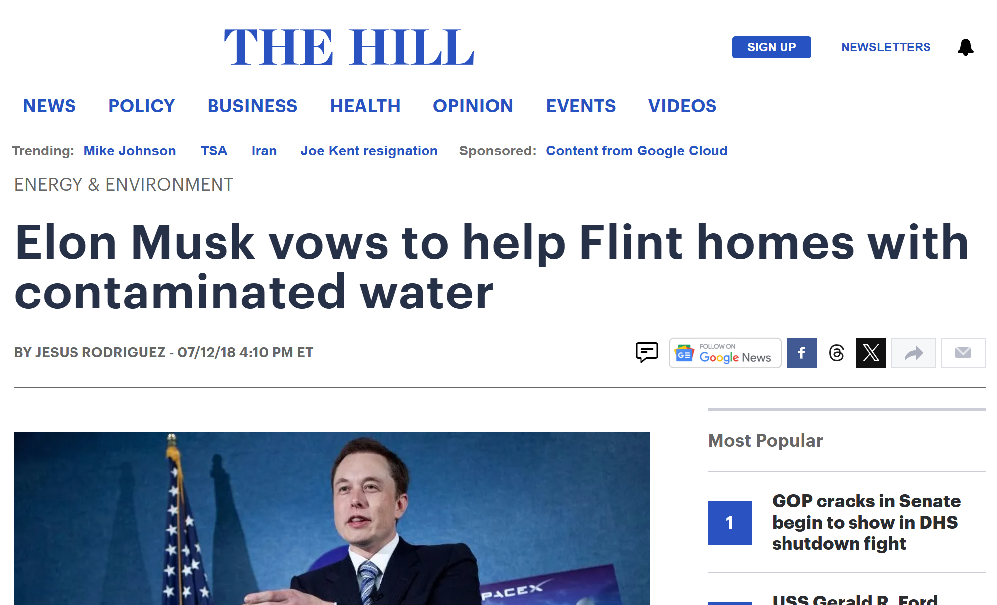 The Hill headline: Elon Musk vows to help Flint homes with contaminated water.
