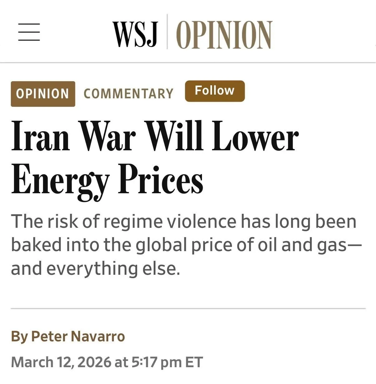 WSJ op/ed headline: "Iran War Will Lower Energy Prices"