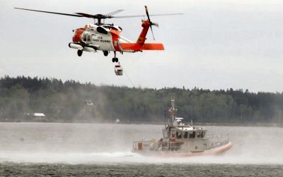 U.S. COAST GUARD Station Eastport personnel conducted training exercises with a helicopter in the waters off Eastport recently. (Edward French photo)