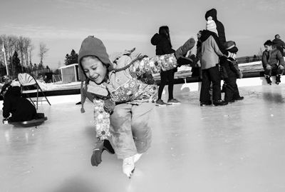 FIVE-YEAR-OLD ISABELLA PEREZ does her best on the new ice rink at the Sipayik winter skate party that was held on a sunny Saturday, January 20. (Robin Farrin photo)