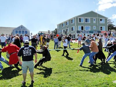 LET THE GAMES BEGIN as Lubec challenges Eastport in a tug-of-war. Lubec won the contest, with a rematch set for the following weekend in Eastport. (Chessie Crowe photo)