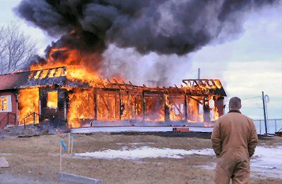 A CONTROLLED BURN of the former Gordon Greenlaw house on Water St. in Eastport was conducted by the Eastport Fire Department on March 21. The property has been acquired by the Eastport Port 