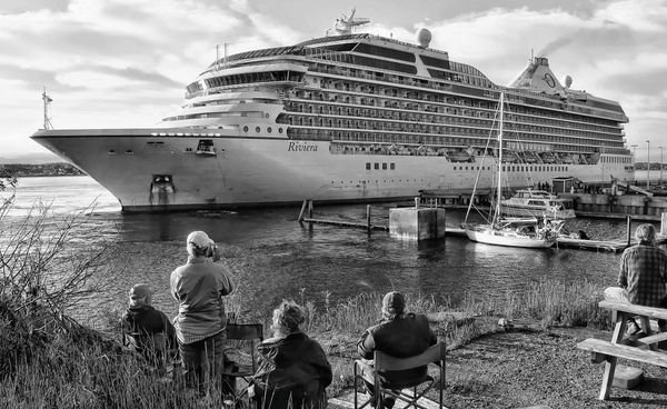 ARRIVING AT THE EASTPORT BREAKWATER early in the morning on June 14 is the 785-foot dormant cruise ship Riviera, which is expected to remain in port through the summer. (Don Dunbar photo)