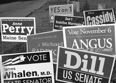 SIGNS OF THE TIMES. Political signs dot the landscape. (Chessie Crowe Gartmayer photo)