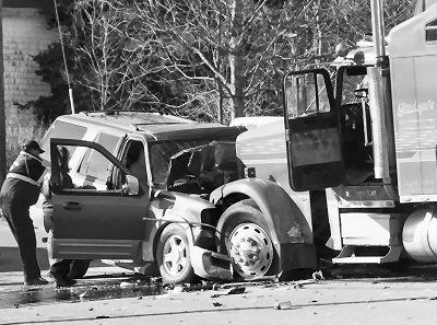 A HEAD-ON COLLISION at Frost's Corner in Eastport on March 15 sent the SUV driver, Pauline (Davis) Kelley, to the hospital. (Edward French photo)