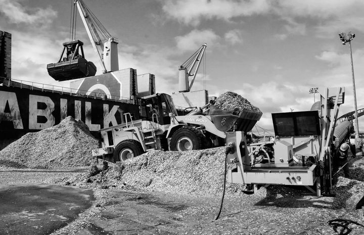 WOOD CHIPS are unloaded at the Estes Head cargo pier in Eastport, in only the second use of the port's bulk conveyor system. Approximately 32,000 metric tons are being shipped from Sheet Har