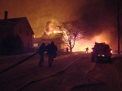 GALE FORCE WINDS, eight inches of blowing snow, zero temperatures and heavy smoke made firefighting difficult during the February 19 early morning fire in Lubec. (Chessie Johnson photo) Lube
