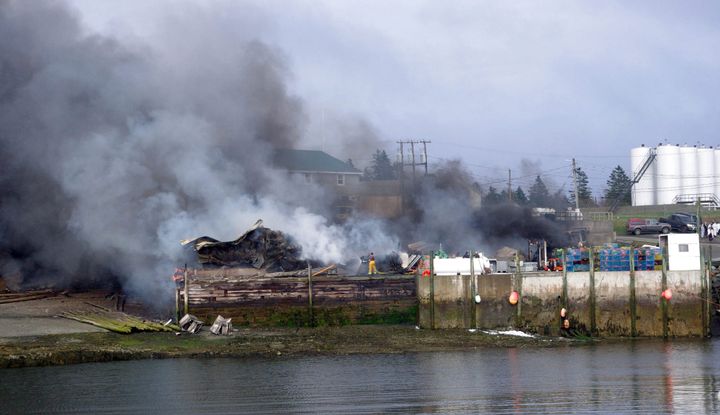 FIRE DESTROYED four buildings and damaged a fifth belonging to Special K Fisheries in North Head on Monday, May 1. Grand Manan's volunteer firefighters were at the scene for 10 hours. (Arlen