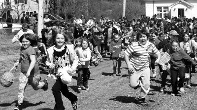 "THREE, TWO, ONE, GO!" The crowd races to get to the Easter eggs during the April 4 event in North Head, Grand Manan. Over 450 people took part in or watched the hunt for over 10,000 eggs. (