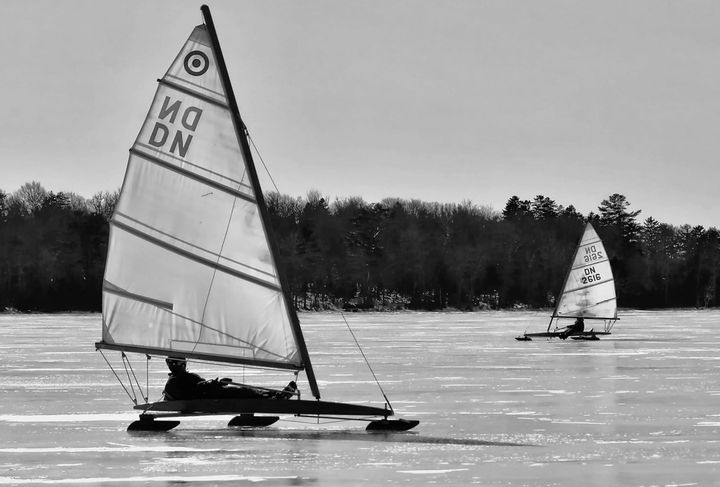 ENJOYING ICE BOATING on Boyden's Lake in Perry are Peter Hilyard and Dana Graffam on March 7. (Don Dunbar photo)