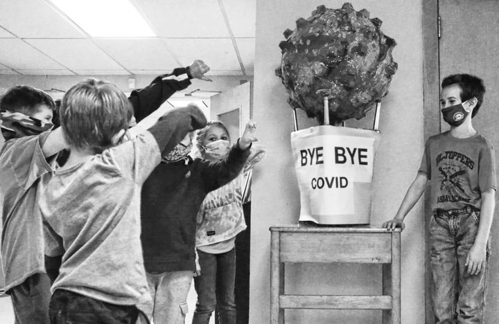 LUBEC ELEMENTARY SCHOOL RISES ABOVE COVID'TASTROPHE! Over the past few weeks students at the school worked together to construct, out of papier m'ch', a replica of the coronavirus, which con