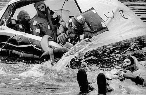 RUB-A-DUB-DUB, THREE MEN IN A TUB. These are some of the 14 fishermen from the Cobscook Bay area training to become certified fishing vessel drill conductors. The training, conducted by John