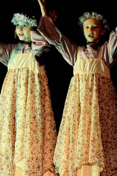 LOOKING ANGELIC, Lubec Consolidated School students Kelsey Williams and Diana Pivirotto are two fairies in a performance of "Shakespeare's Midsummer Dream." The students were assisted by tea