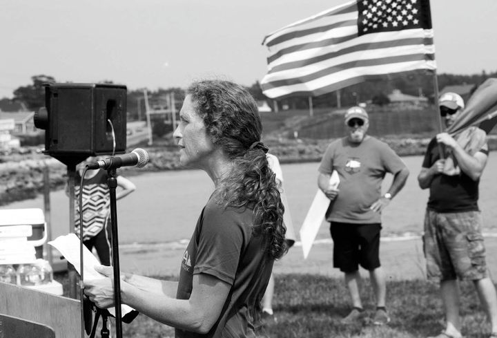CHRISTINE MOULTON, a Washington County nurse practitioner, speaks at a rally in Machias on August 21 opposing the COVID-19 vaccination mandate for healthcare workers. 'Where there is risk, t