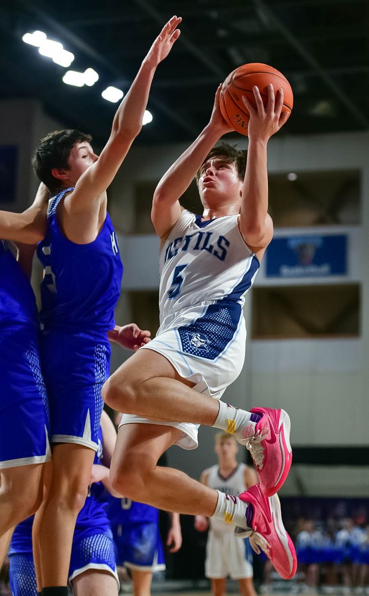 THE TOP-SEEDED CALAIS BLUE DEVILS defeated Hodgdon in the Class C North regional semifinal by a score of 42'27 on February 22 at the Cross Insurance Center in Bangor. Sophomore Frank Miliano