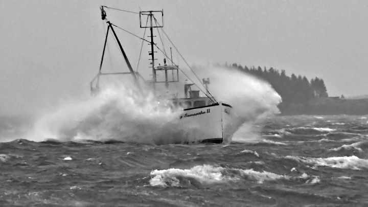 HEADING THROUGH ROUGH SEAS off Eastport on the first day of the scallop season is the Lady Samantha II, captained by Scott Murphy. Although winds were gusting over 50 knots, many draggers in