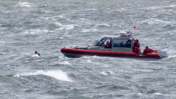 TO THE RESCUE! The five-man crew on the 29-foot response boat from U.S. Coast Guard Station Eastport prepares to pick up a 17-year-old whose 10-foot paddle boat had swamped off Robbinston on