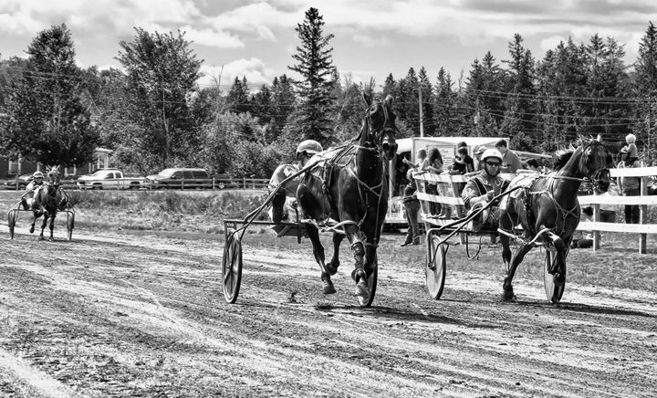 HEADING DOWN THE HOMESTRETCH in the harness racing at the Washington County Fair on August 27 in Pembroke are (from left) James Ramsdell of Pembroke driving Downeast Foxy Lady, Scott Pooler 