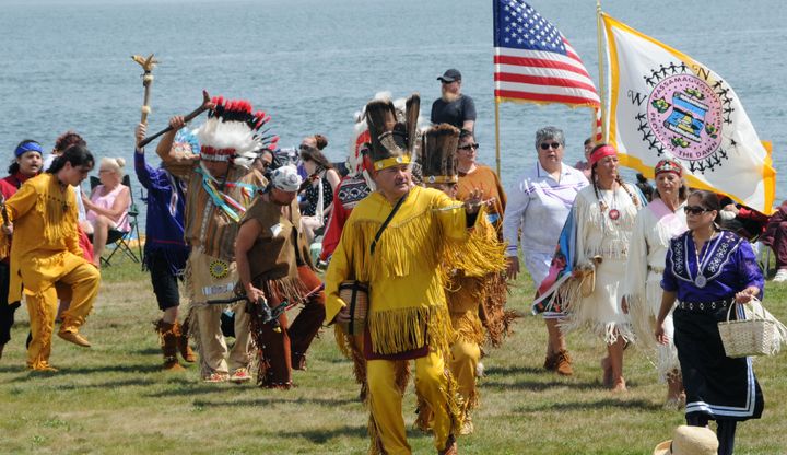 LEADING THE DANCERS in the Grand Entry at the ceremonial dances during Passamaquoddy Days are Chief Maggie Dana and Vice Chief Ernie Neptune. (Edward French photo)