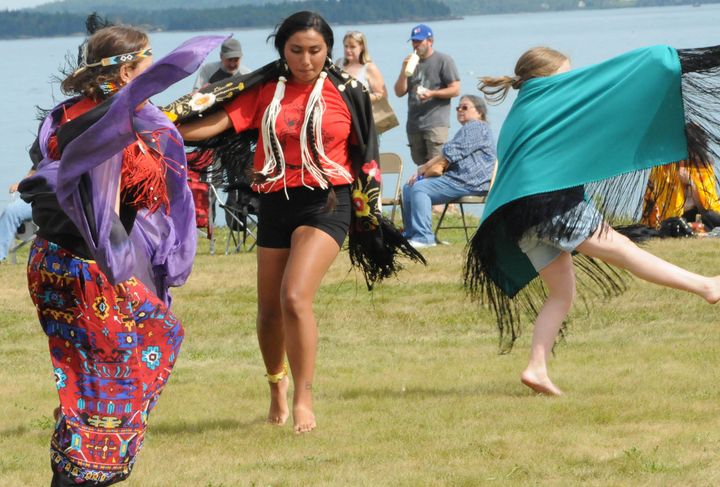 A FANCY SHAWL DANCE was performed by women of the tribe as one of the ceremonial dances during Passamaquoddy Days at Sipayik on August 14. (Edward French photo)