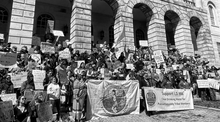 AT A RALLY in front of the State House in Augusta on April 25, a large crowd urged support for LD 906, a bill that would allow the Passamaquoddy Tribe to tap into an aquifer in Perry to prov