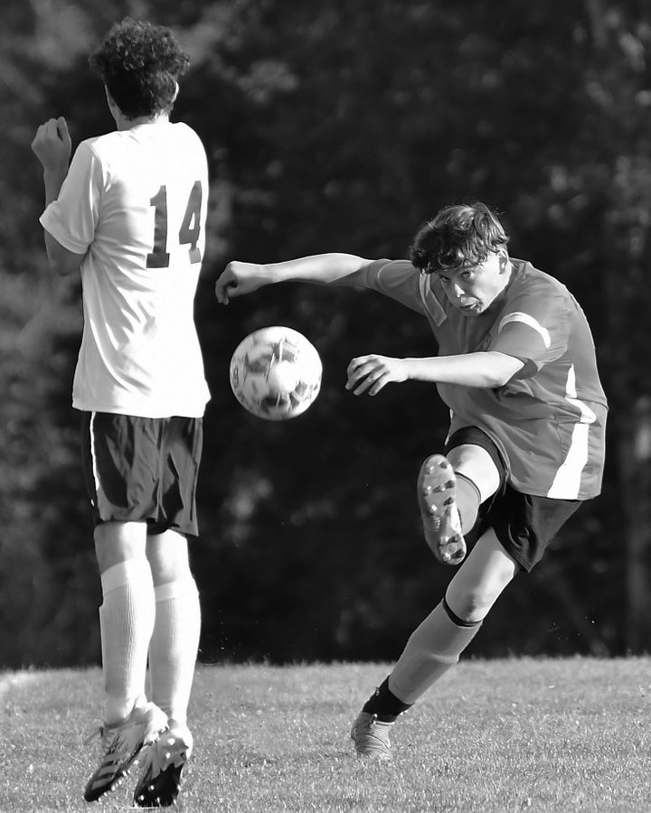 KEEPING HIS EYE ON THE BALL. Jonathan Andrews of Shead clears the ball downfield during a soccer game against Narraguagus on October 13. (Don Dunbar photo)