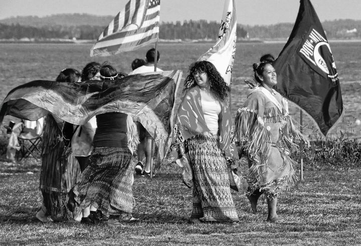 CELEBRATING PASSAMAQUODDY DAYS are women of the tribe during the ceremonial dances held on Sunday, August 8, at Split Rock, Sipayik. See article about the celebration and more photos in the 
