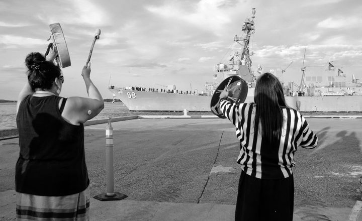 THE SIPAYIK WOMEN'S DRUM GROUP, including Lynn Mitchell and Holly Cleaves (shown), welcomed the USS Forrest Sherman and one of its sailors in particular, Tobias Francis, who is from Sipayik,