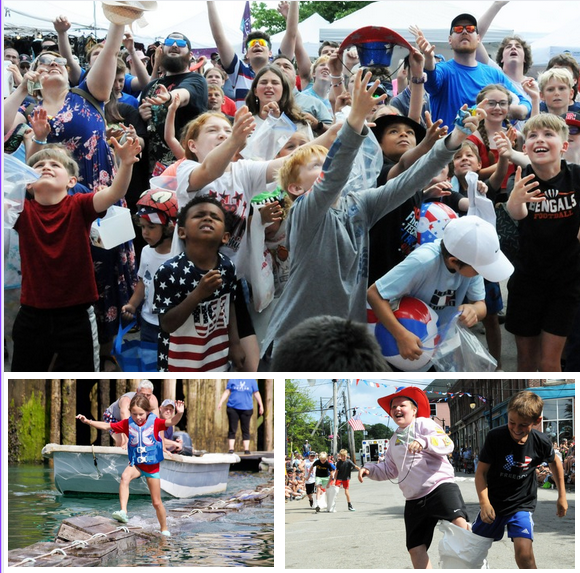 WITH WAVING ARMS AND WIDE SMILES