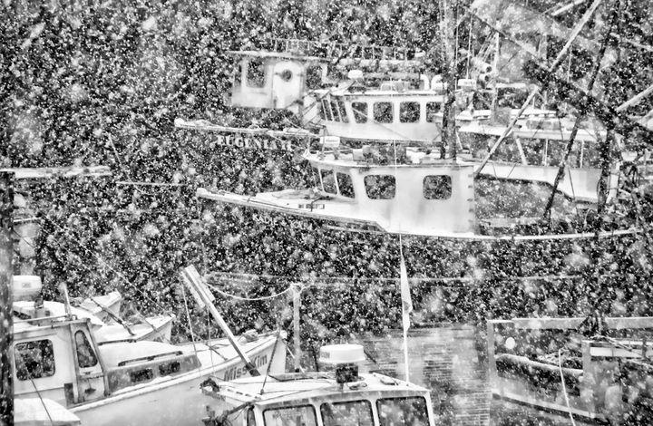 FISHING BOATS COME AND GO, IN THE GENTLY FALLING SNOW