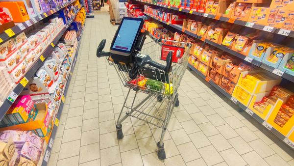 Einkaufswagen mit Aufsteck-Tablet bei Kaufland im Rhein-Main-Gebiet. Foto: Smb